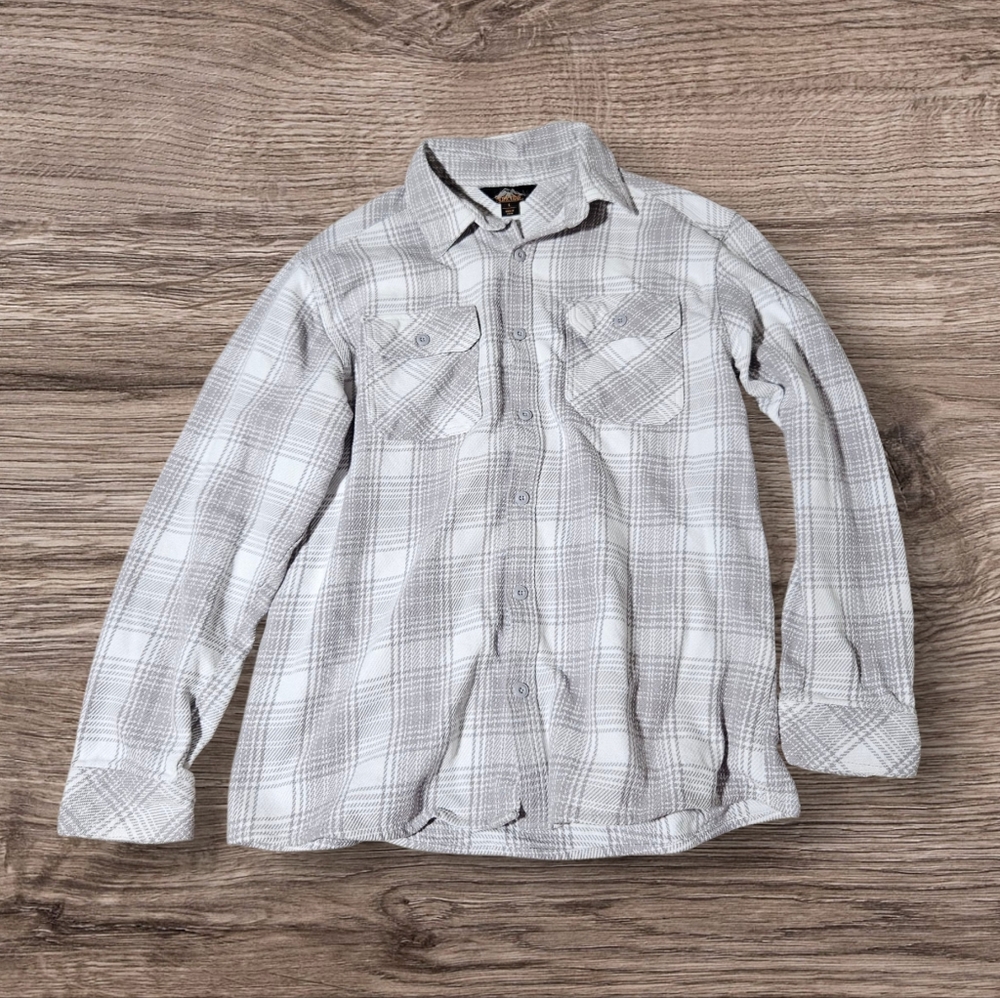Pacific Trail Plaid Flannel Gray White Long Sleeve Button Up Shirt Shacket LARGE